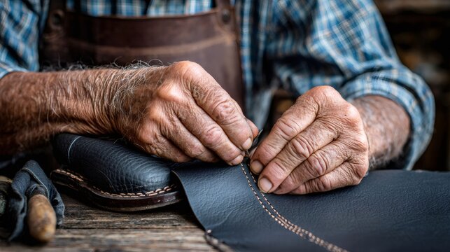 Shoemaker crafting leather with traditional tools and expertise