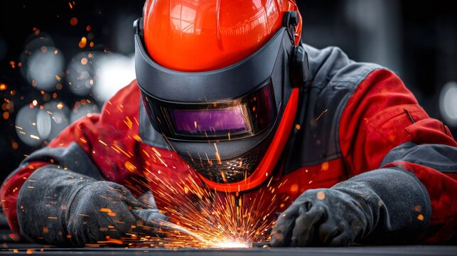 Industrial worker welding metal and producing sparks in workshop