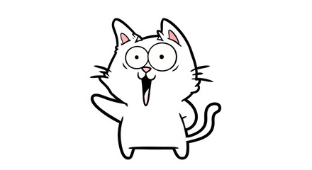 Cartoon White Cat with Wide Eyes and Open Mouth Waving