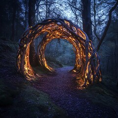 Magical woodland archway glowing at night high resolution picture