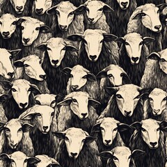 A black and white drawing of sheep with their heads turned to the right