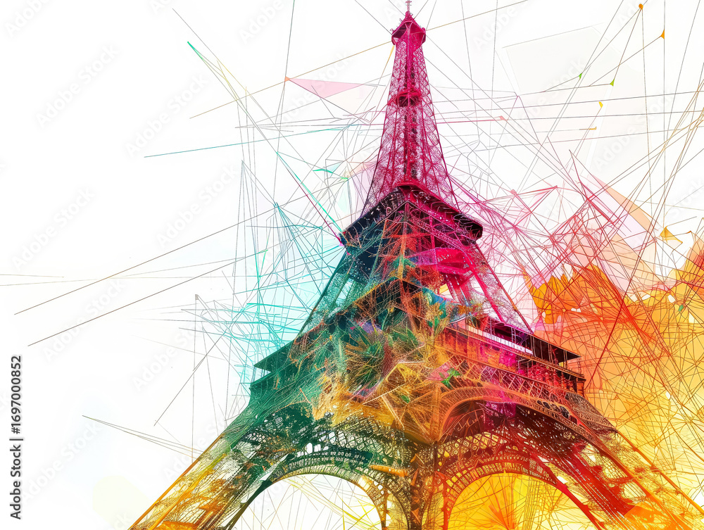 Poster colorful abstract illustration of iconic tower structure with vibrant lines and shapes, showcasing a