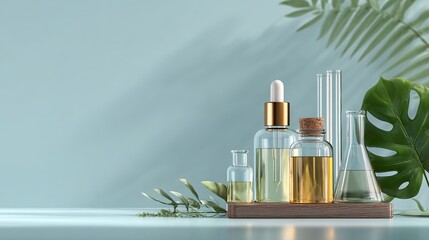Discover natural beauty ingredients and botanical extracts in elegant dropper bottles and laboratory beakers, perfect for cosmetic research and skincare formulation.