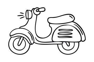 Scooter moped side view as monochrome line art doodle, clean outline and contour, hand drawn.