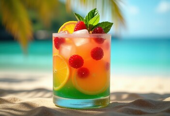 Vibrant Colorful Cocktail Garnished with Fresh Herbs Tropical Refreshment Garnish Garnish Garnish Exotic Flavor Mixology Delight