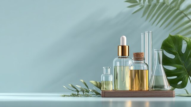 Discover natural beauty ingredients and botanical extracts in elegant dropper bottles and laboratory beakers, perfect for cosmetic research and skincare formulation.