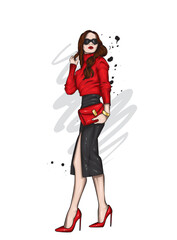 Beautiful girl in stylish clothes. Fashion and style. Vector illustration.