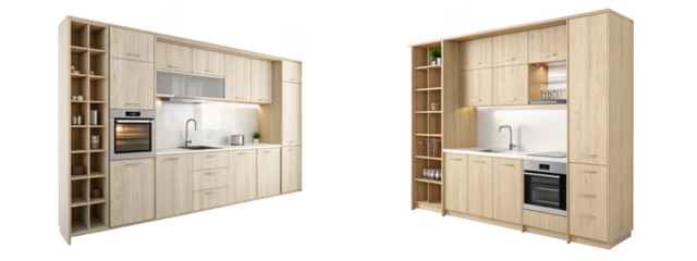 Modern wooden kitchen cabinets and appliances, including oven and sink, isolated on transparent background
