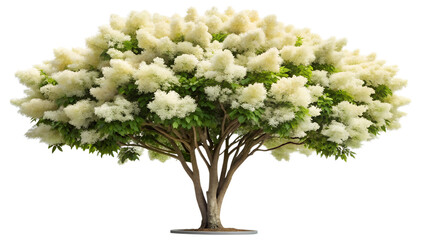 Obraz premium Stunning hydrangea tree with white flowers isolated on transparent background, highlighting its delicate petals and vibrant green leaves in a serene setting