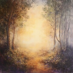 Magical woodland covered in golden light high resolution picture