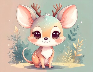 A cheerful, stylized fawn with large eyes, soft colors, and delicate floral accents.  The fawn is seated amidst a backdrop of greenery.