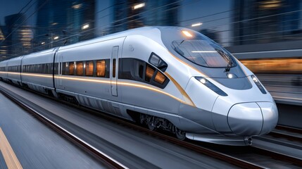 Fototapeta premium Modern high speed train traveling through city at dusk
