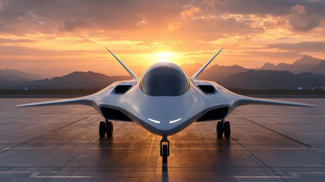 Futuristic fighter jet parked on airfield during sunset