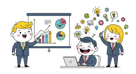 Happy Business Team Brainstorming with Charts and Ideas