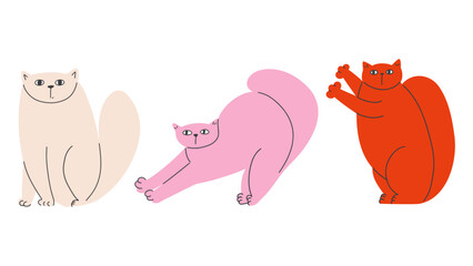 Funny hand draw cats on isolated white background. Kittens set for pet themed cards, birthday party, social media posts in cute kid style