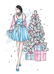 A beautiful girl in stylish clothes and a Christmas tree. Fashion and style. Vector illustration.