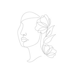 Woman face profile with flowers in continuous line art