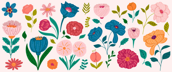 Set of different romantic multicolored hand draw flowers and leaves. Roses, dandelions, abstract wild flowers. Floral graphic elements.