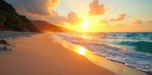 Golden hour sunlight bathes a pristine beach at sunrise, illuminating the sand and tranquil ocean waves Perfect for travel, vacation, or nature themes , clouds, nature, golden hour