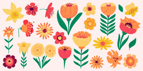 Fototapeta premium Set of different wild hand drawn flowers. Floral design elements for cards, invitations, social media, and other creative projects.
