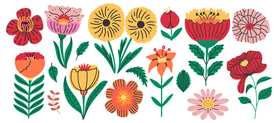 Flowers doodle art trendy retro collage set. Red, yellow, pink and orange floral hand drawn elements.