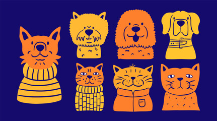 Adorable pet portrait set. Flat vector illustration with cats and dogs. Cartoon animals wearing sweaters and collars.