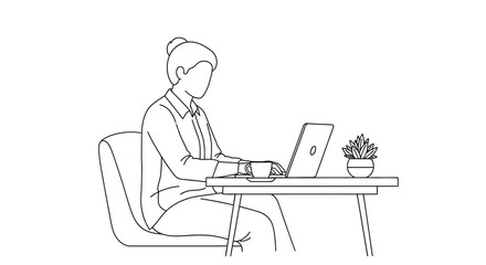 Woman Working on Laptop with Coffee and Plant Illustration