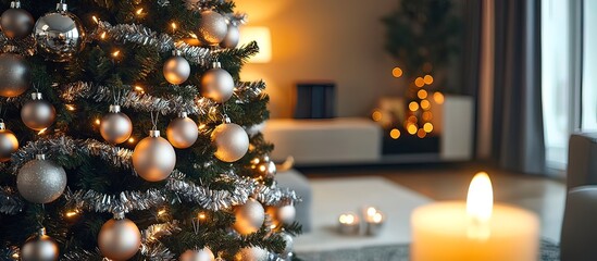 Modern Christmas Tree with Shiny Ornaments Silver Tinsel and Twinkling Lights