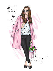 A beautiful girl in stylish clothes. Fashion and style, clothing and accessories. Vector illustration.