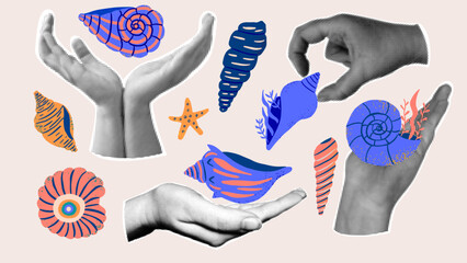 Seashells and hands vintage collage design. Halftone textured hands holding colorful seashells, starfish and spiral shells. Retro vector elements