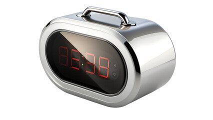 Retro digital clock isolated on transparent background, featuring a metallic silver finish, red led display, and a vintage design for timekeeping