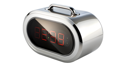 Retro digital clock isolated on transparent background, featuring a metallic silver finish, red led display, and a vintage design for timekeeping