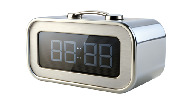 Modern digital alarm clock with a metallic silver frame isolated on transparent background, displaying the time with bright blue numbers and a sleek design - Powered by Adobe