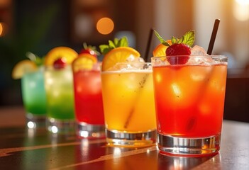 Fototapeta premium Vibrant Mocktails Artfully Arranged in Unique Glasses with Fruity Garnishes and Eye-Catching Colors