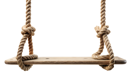 Rustic wooden swing hanging on ropes isolated on transparent background, evoking memories of carefree childhood days spent swinging in the backyard