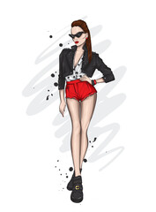 A beautiful girl in stylish clothes. Fashion and style, clothing and accessories. Vector illustration.