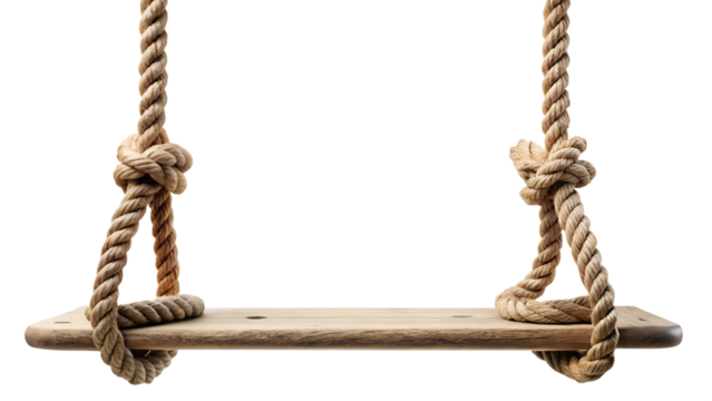 Rustic wooden swing hanging on ropes isolated on transparent background, evoking memories of carefree childhood days spent swinging in the backyard