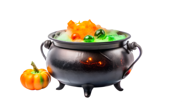 Halloween witch cauldron with bubbling potion and pumpkin isolated on transparent background, a spooky symbol of magic and festive celebration