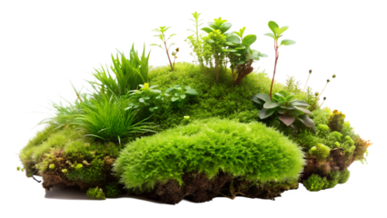 A lush arrangement of green moss and diverse plants, isolated on transparent background, showcasing the beauty of miniature nature in a studio setting