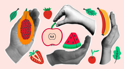 Fresh and healthy food collage in pop art style. Halftone hands holding various fruits. Minimalist vector design elements