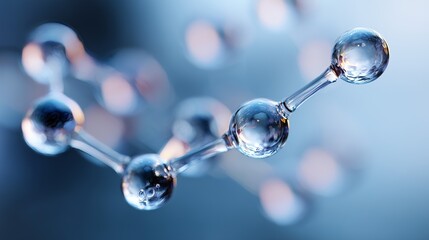 Close-up image of a molecular structure with spherical atoms connected, set against a soft blue gradient background.