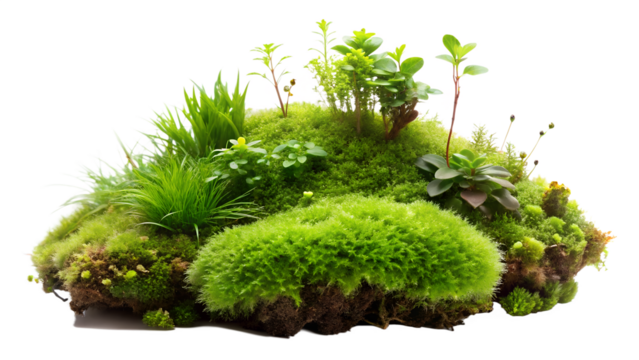 A lush arrangement of green moss and diverse plants, isolated on transparent background, showcasing the beauty of miniature nature in a studio setting