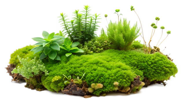 A vibrant patch of green moss and various small plants, isolated on transparent background, creating a miniature garden scene with lush textures and colors
