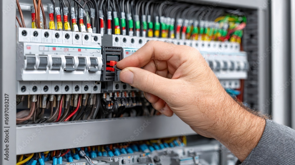 Poster electrician operating fuse box connecting cables and switches