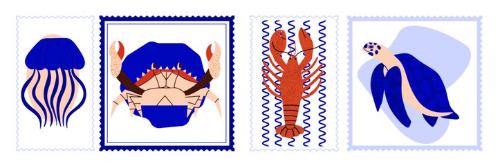 Set of postal art stamps with sea animals.