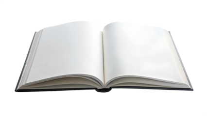 Open book with blank pages isolated on transparent background, ready for your text or images, perfect for education, writing, or creative projects