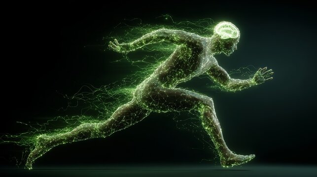 Dynamic glowing human form accelerated with vibrant energy trails and illuminated brain, showcasing speed, innovation, and the future of human potential in motion.