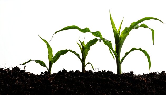 Three young corn plants growing in dark soil, different heights