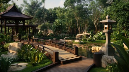Serene Japanese-style garden with wooden bridge and gazebo. Lush greenery, calm water, and stone features
