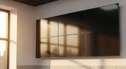 Large wall-mounted digital display panels in a modern interior space, reflecting sunlight.